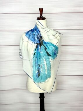 Vintage Vera Neumann Silk Scarf Blue Butterfly Signed Vera Ladybug Logo 25x25"